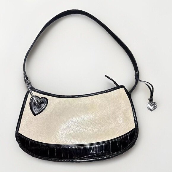 Brighton Handbags - Vintage BRIGHTON Pebble Leather Croc Shoulder Bag Purse HEART Buckle Black Cream